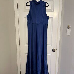 Lulus Classic Elegance Blue Satin Sleeveless Mock Neck Maxi Dress